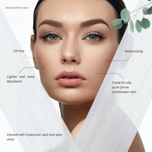 May include: A woman's face with a white sheer fabric draped over it. The fabric has text that reads "Oil free", "Moisturizing", "Lighter and more absorbent", "Great for oily, acne prone combinaton skin", and "Infused with hyaluronic acid and aloe vera!"