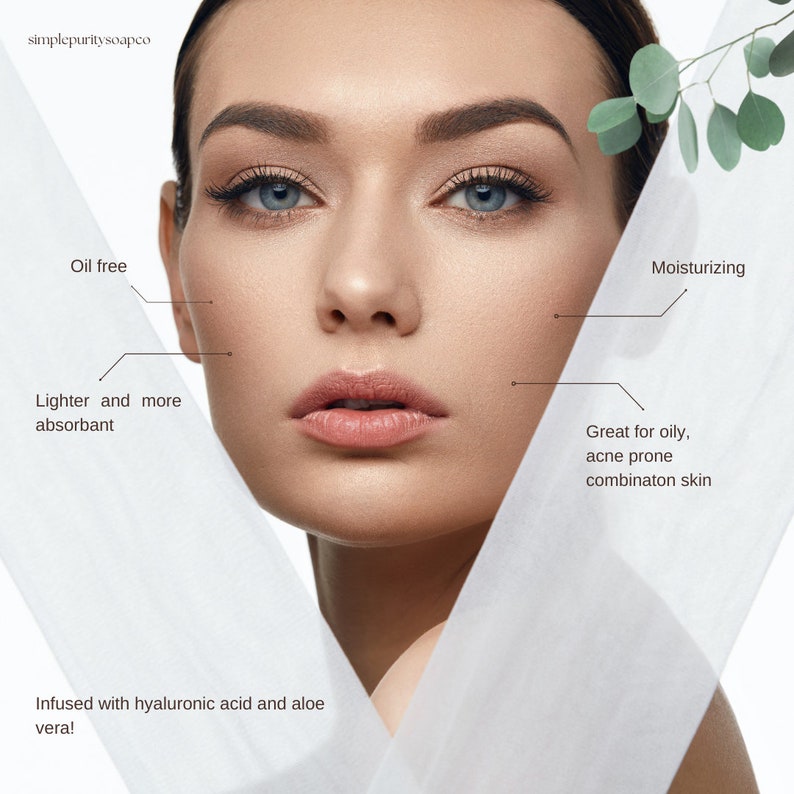 May include: A woman's face with a white sheer fabric draped over it. The fabric has text that reads "Oil free", "Moisturizing", "Lighter and more absorbent", "Great for oily, acne prone combinaton skin", and "Infused with hyaluronic acid and aloe vera!"