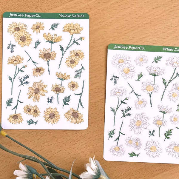 Daisy Sticker Sheet / Yellow White Daisies / Spring Summer Flowers /  journal, planner, bujo, notebook, scrapbooking, tn insert, card making