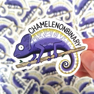 Può includere: Un adesivo con un camaleonte viola appollaiato su un ramo marrone. Il camaleonte ha una cresta con un motivo giallo e bianco e la scritta "CHAMELENONBINARY" sopra. Sullo sfondo sono visibili altri adesivi.
