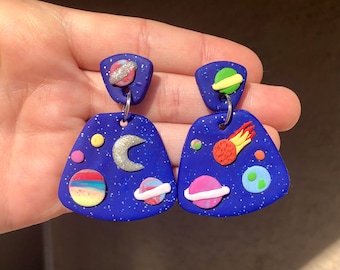 Ms. Frizzle Earrings / Mrs. Frizzle Earrings / Space Earrings/ Polymer Clay/ Stud Earrings / Universe Earrings/ Saturn Earrings