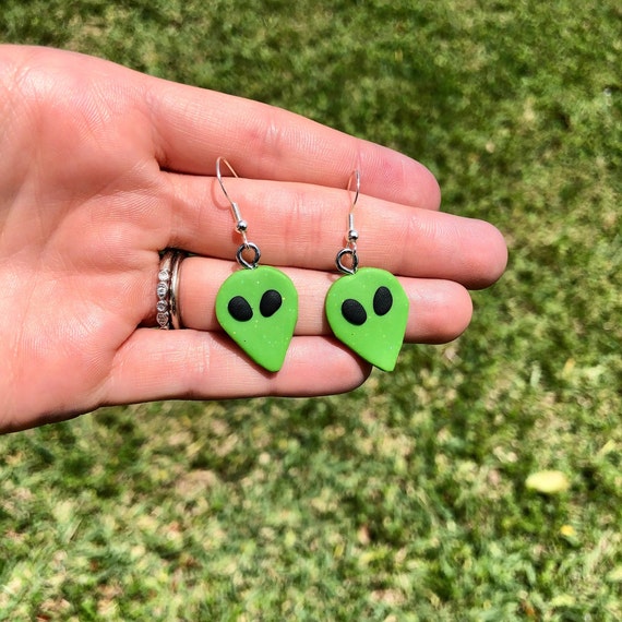 Alien Polymer Clay Earrings UFO Earrings Green Alien Earrings
