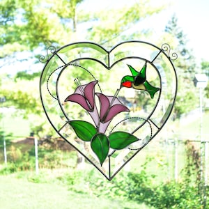Stained Glass Beveled Hummingbird and Lillies in Beveled Heart
