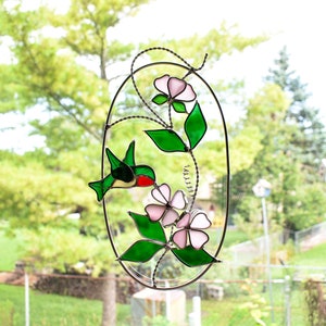 Hummingbird and Flowers Stained Glass Suncatcher