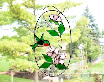 Hummingbird and Flowers Stained Glass Suncatcher