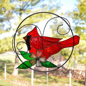 Cardinal in Ring Stained Glass Suncatcher