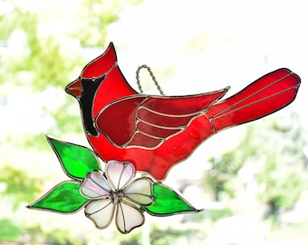 Stained Glass Cardinals with a Dogwood Flower Male and Female