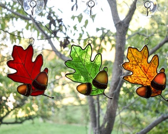 Leaf and Acorns Stained Glass Suncatcher/Nightlight/Ornament