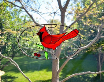 Cardinal with Cherries in an Oval Wire Frame Suncatcher