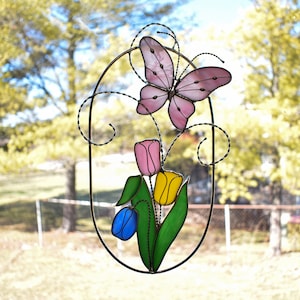 Tulips and Butterfly Stained Glass Suncatcher