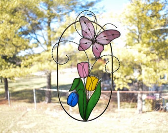 Tulips and Butterfly Stained Glass Suncatcher