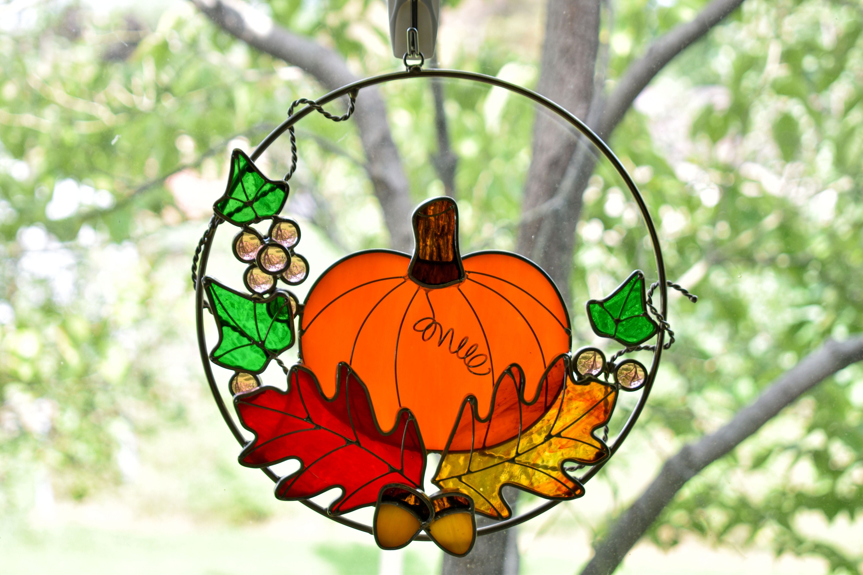 Pumpkin and Leaves Stained Glass Suncatcher | Etsy