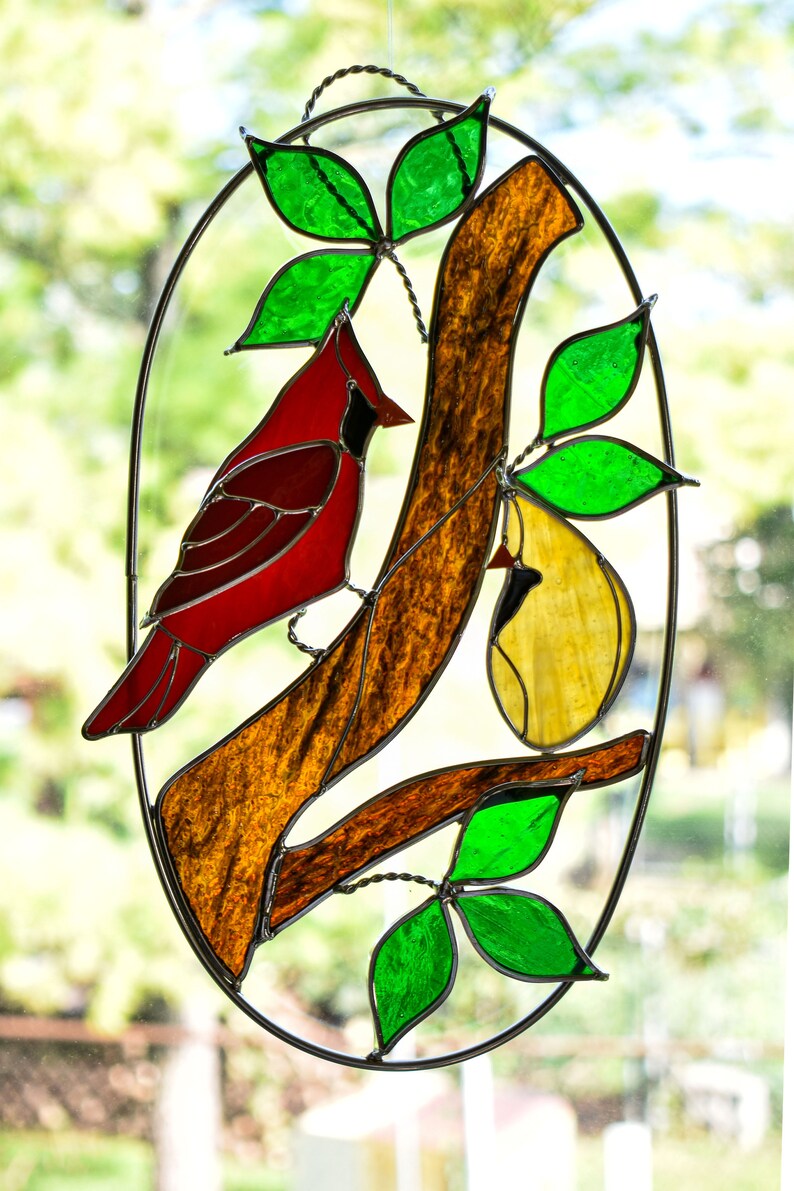 Stained Glass Cardinals Sitting on a Branch Suncatcher Etsy