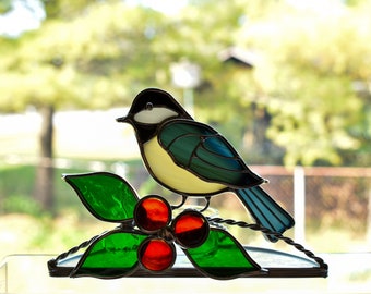 Chickadee  Stained Glass Candle Holder