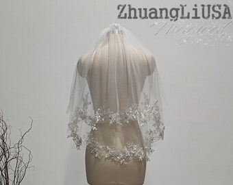 Fashion Bridal Rhinestone Lace Applique Veil, White Ivory Two Layer Bridal Veil, Romantic Wedding Lace Applique Short Veil