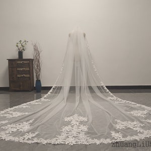 FantasyBride Store White Ivory 1 Layer Lace Cathedral Wedding Bridal Veil Ivory / 350cm/137 inch