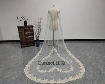 Luxury Cathedral Lace Appliqué Veil, Champagne One Layer Lace Veil, Fashion Bridal Lace Veil, Wedding White Ivory Lace Veil