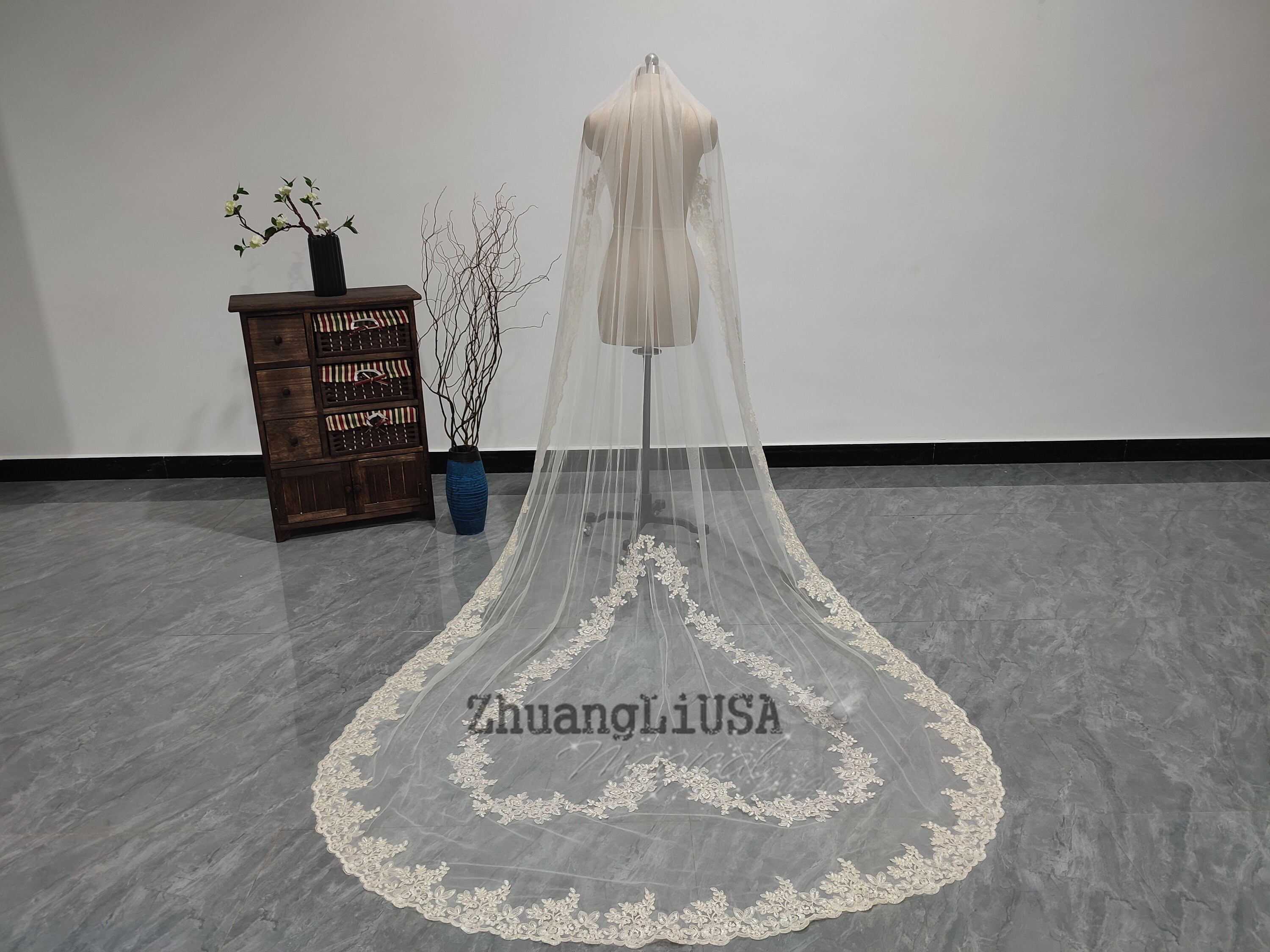 Misdress Ivory Tulle Champagne Lace Long Cathedral Wedding Bridal Veil
