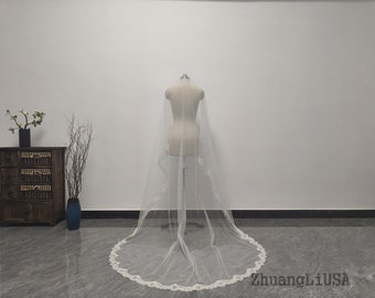 Cathedral Combless Lace Veil, Elegant Bridal Lace Veil, Ivory One Layer Lace Veil, Romantic Wedding Lace Veil