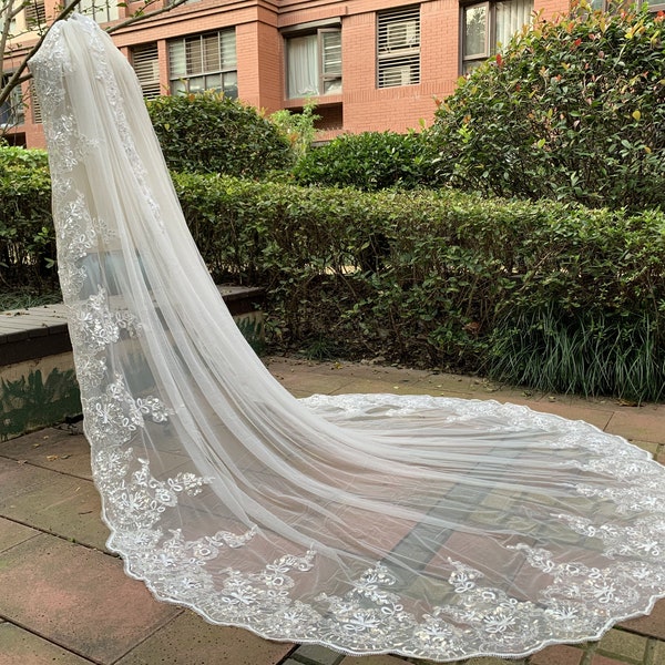 Lace with Sequins in White , off-White , Ivory  Wedding Veil Cathedral Length Bridal Veil