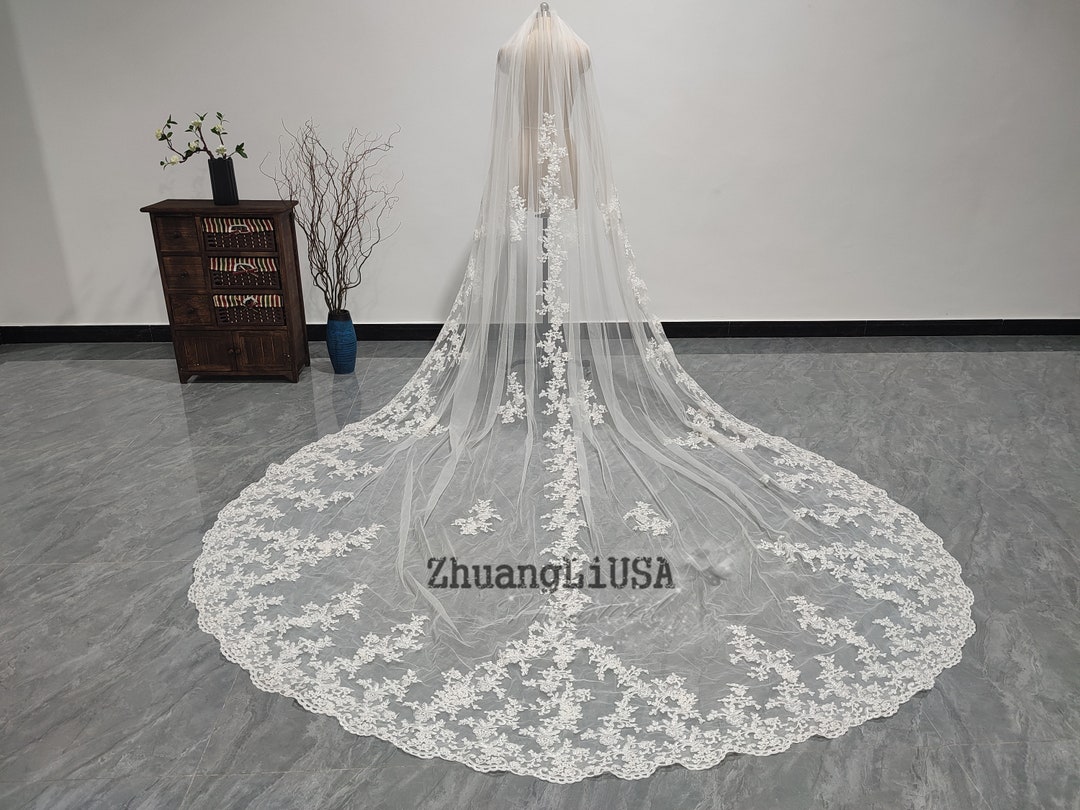 White Lace Applique Veil, Ivory One Layer Lace Veil, Elegant Bridal
