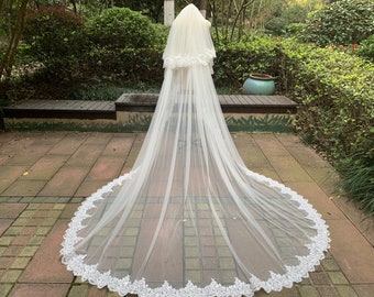 Luxury Two-layer Lace Sequined Veil Fashion Cathedral Lace Wedding Veil White/Ivory Bridal Elegant Veil