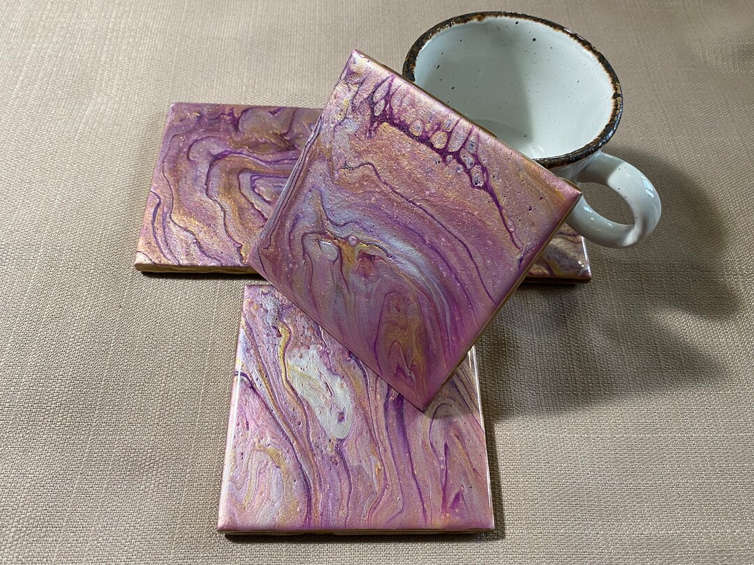 4x4 COASTER SET of FOUR 4 Art Liquid Poured Acrylic Paint Ceramic Resin ...