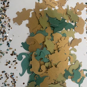 Groene papieren tafelconfetti met dinosaurusvorm. - Feestdecoraties, fotorekwisieten, displays, plakboeken, kunst en versieringen.