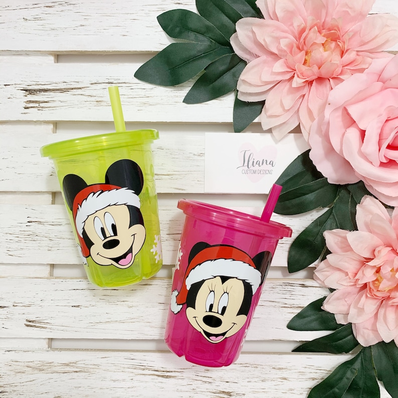 Personalized Santa Mickey or Minnie Inspired Christmas Holiday Kid/'s Customized Reusable Straw Tumbler Cup