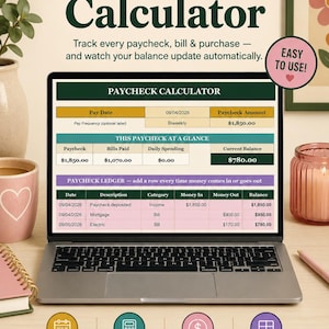May include: A digital paycheck calculator spreadsheet displayed on a laptop screen. The interface features tables for pay dates, amounts, bills, and daily spending with a ledger for tracking income and expenses. Text includes The Retro Paycheck Calculator.