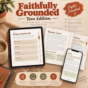 以下が含まれることがあります： Faithfully Grounded Teen Editionというタイトルのデジタル聖書学習ガイド。タブレットとスマートフォンに学習ページが表示され、印刷されたガイドと、即時ダウンロードや150ページのコンテンツを示すアイコンが含まれています。