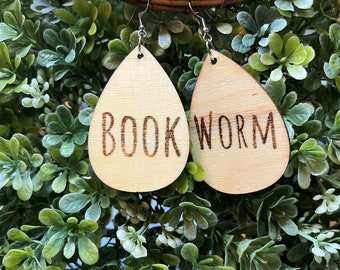 Wood Burn Bookworm Earrings. Christmas Gift For Reader. Wood Earrings. Dangle Earrings. Wood Earrings For Reader. Bookworm Gift For Women.
