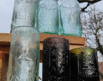 Cut down vintage pictorial Bottles - upcycled antique bottle, candle holder, drinking glass