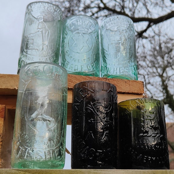 Cut down vintage pictorial Bottles - upcycled antique bottle, candle holder, drinking glass