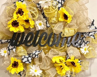 Sunflower front door wreath, Welcome Sunflower Wreath, Spring Wreath