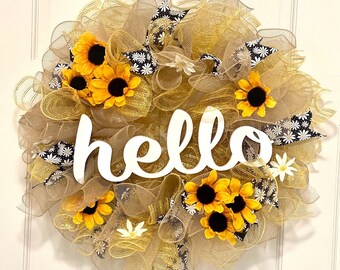 Sunflower Hello Wreath, Spring Summer Front Door Decor