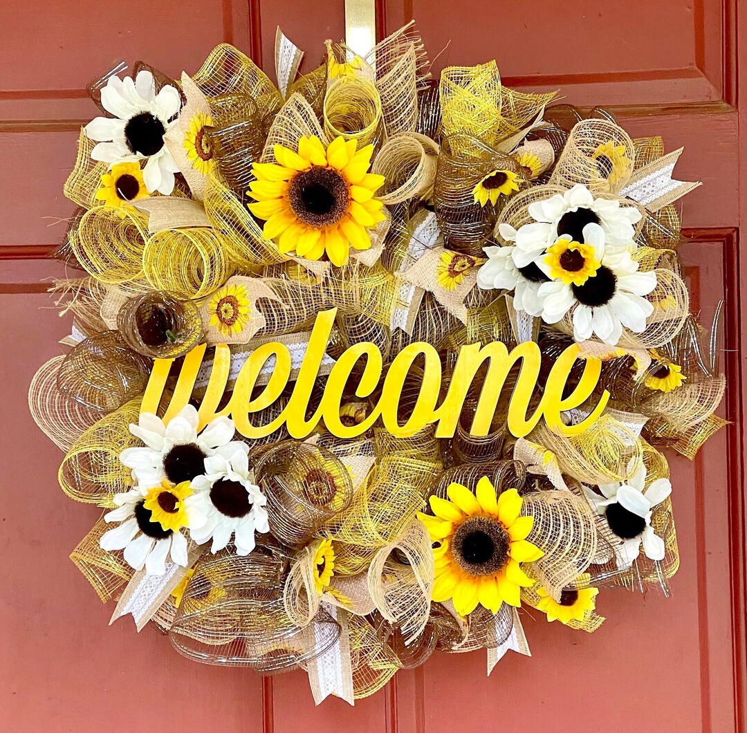 Sunflower Front Door Wreath, Welcome Sunflower Wreath, Spring Wreath - Etsy