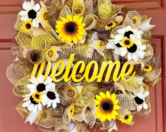 Sunflower Front Door Wreath, Welcome Sunflower Wreath, Spring Wreath