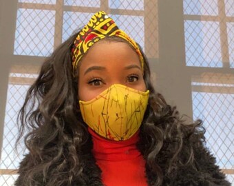 Juneteenth/Women’s African Print/Yellow Headband/Yellow Face Mask/Red Headband/Red Face Mask