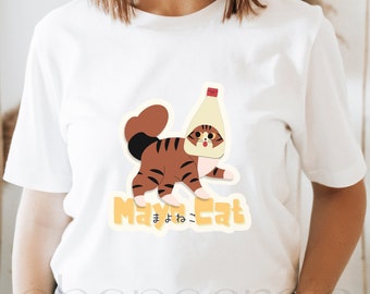 Mayo Cat T-Shirt, Unisex, Gneder-nuetral, Adult, Youth, Kids, Cat Lover, Gift, Graphic Tee, Japanese Gift