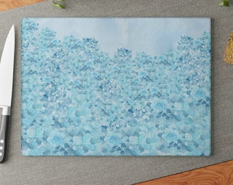 Glass Cutting Board | Blue Hydrangea | Floral Pattern Cutting Board