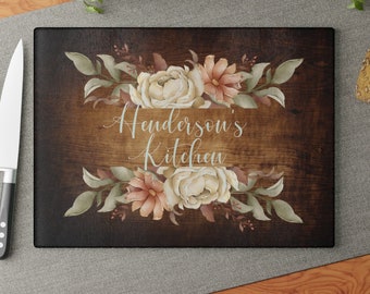 Personalized Floral Glass Cutting Board, Rustic Wood Look