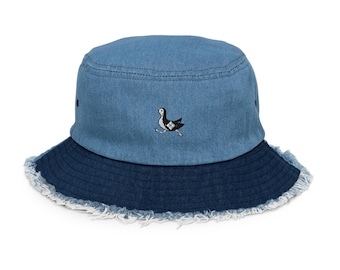 ダメージ加工デニムバケットハット、刺繍入り、オハナコ