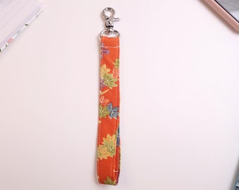 Recycled Vintage Kimono Fabric Wristlet, Phone Strap, Phone Lanyard, Japanese Fashion, Orange/Multi-color