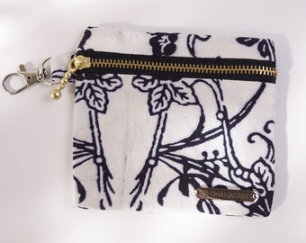 Kimono Small Zipper Pouch, Key Holder, Coin Purse, Lip Balm Case, Earbud Pouch, Gift, White/Black