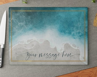 Glass Cutting Board, Watercolor Blue Ocean with Custom Text, 8x11, 11x15, Kitchen Accessories, Kitchen Decor, Gift