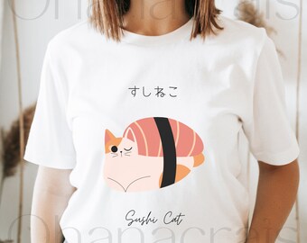 Graphic Tee, Short Sleeve, Jersey, Soft Cottin, T-Shirt, Unisex, Gender Neutral, Cat Lover, Sushi, Kawaii, Japanese, Gift for Her