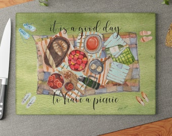 Glass Cutting Board, 8x11, 11x15, Watercolor, It Is A Good Day To Have A Picnic