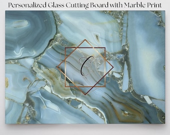 Personalized Marble Print Glass Cutting Board, Custom Kitchen Decor