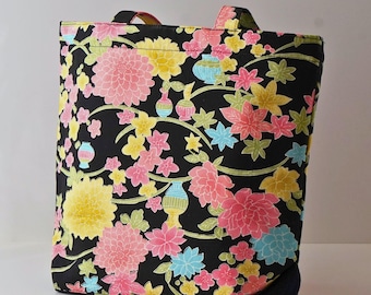 Reversible Tote Bag Made With Upcycled Kimono Fabric And Denim
